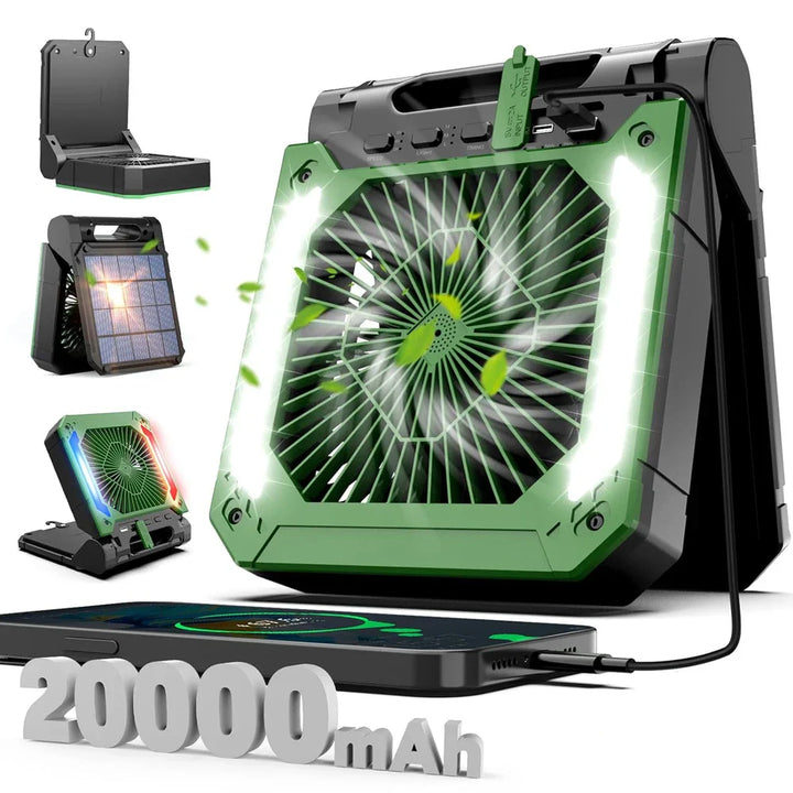 20000mAh Portable Electric Fan with LED Light — USB, Solar & Car Charging for Camping | Bowlift