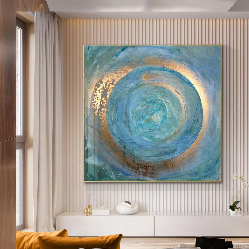 Blue Golden Swirl Circle Wall Art Fine Art Canvas Prints Square Format Abstract Pictures For Living Room Bedroom Home Office Art Decor | Bowlift