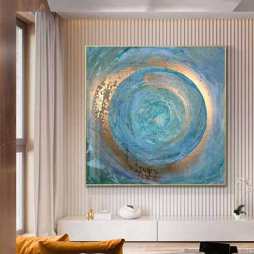 Blue Golden Swirl Circle Wall Art Fine Art Canvas Prints Square Format Abstract Pictures For Living Room Bedroom Home Office Art Decor | Bowlift