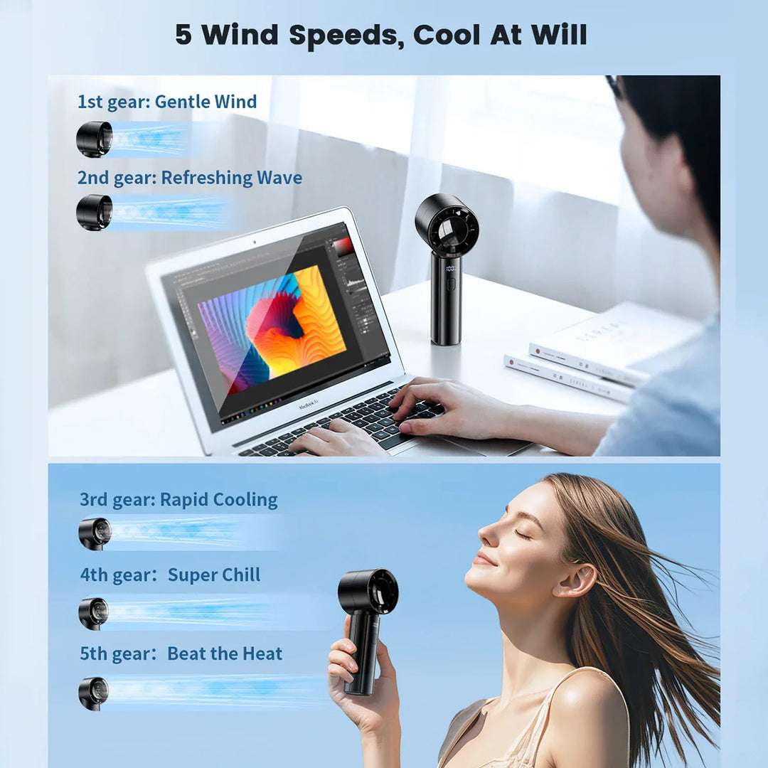BowLift | Aeriolo Portable Hand Fan with 4000 mAh Battery | 5 Levels & 100 Intensity Levels | Digital Display & Dual Airflow for Outdoor & Travel