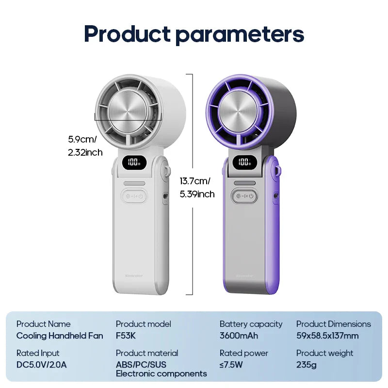 BowLift | CoolityGo Handheld Fan with Ice-Cool Technology | 100 Speed Levels | 3600mAh Battery | Foldable & Ultraleight