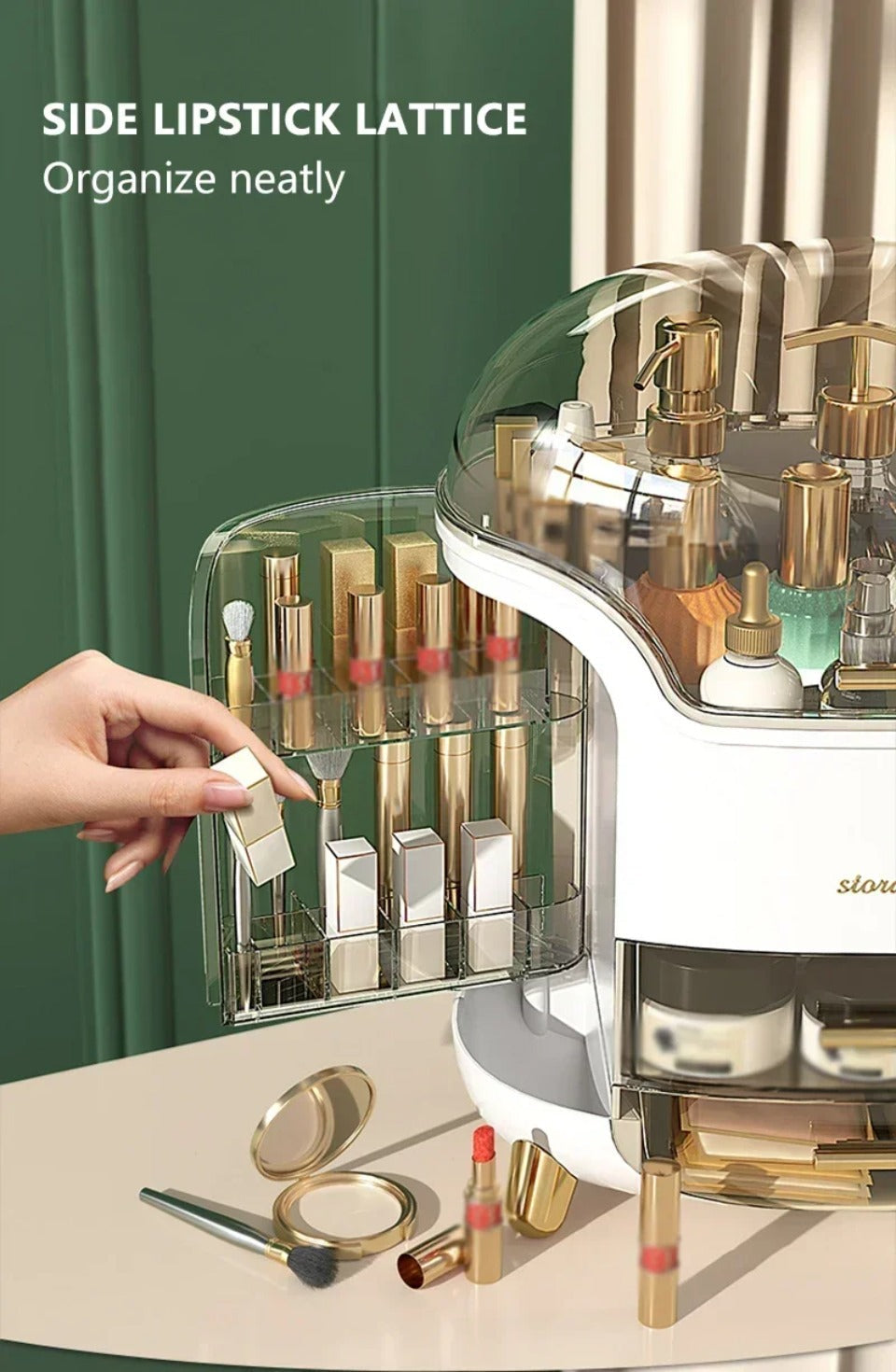 Luxury transparent makeup organizer with rotating doors and drawers | Bowlift