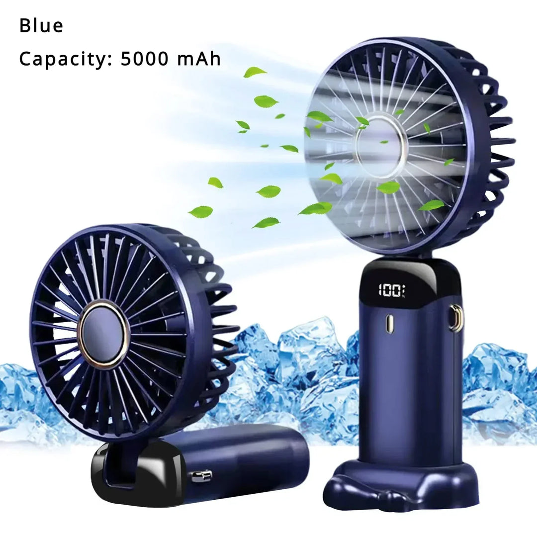 5000mAh Handheld Mini Fan – Wireless USB Rechargeable Portable Fan with Digital Display, Phone Holder, 5-Speed Foldable Neck Hanging Fan | Bowlift