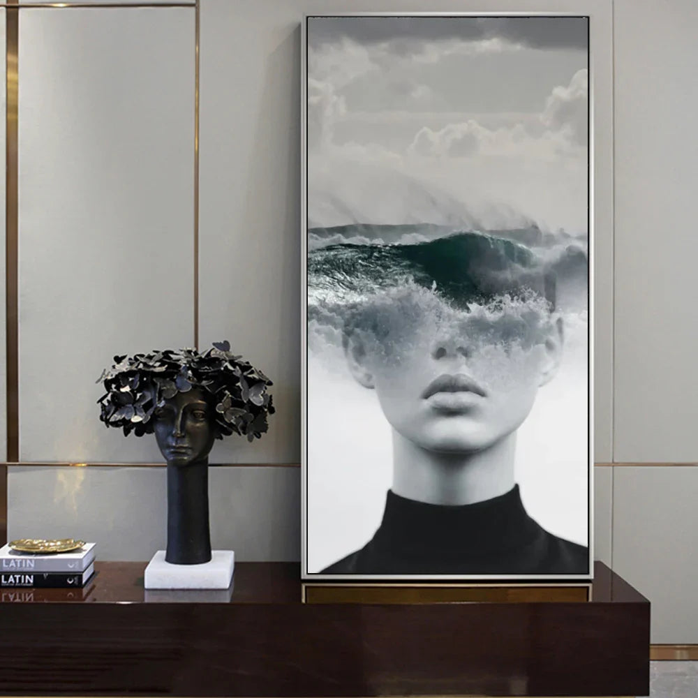Modern Abstract Portrait Superimposition Landscape Wall Art Fine Art Canvas Prints Black White Pictures For Modern Living Room Entranceway Foyer Art Decor (Unframed) | Bowlift