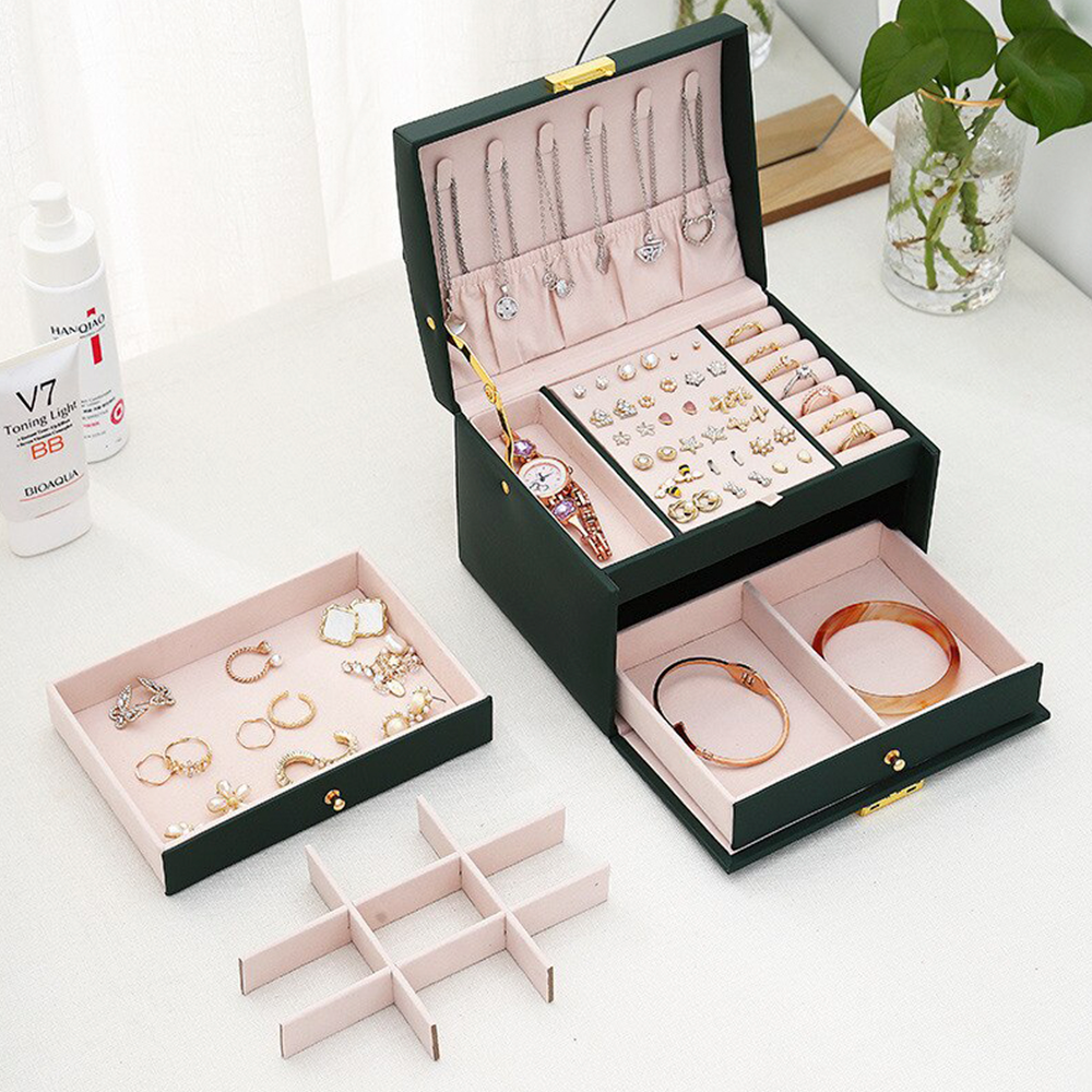 BowLift | Large Jewelry Earing and Necklace Box Storage Holder Organizer for Women and Guys Case Stand with Drawers and Lock