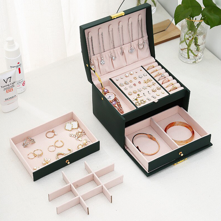 BowLift | Large Jewelry Earing and Necklace Box Storage Holder Organizer for Women and Guys Case Stand with Drawers and Lock