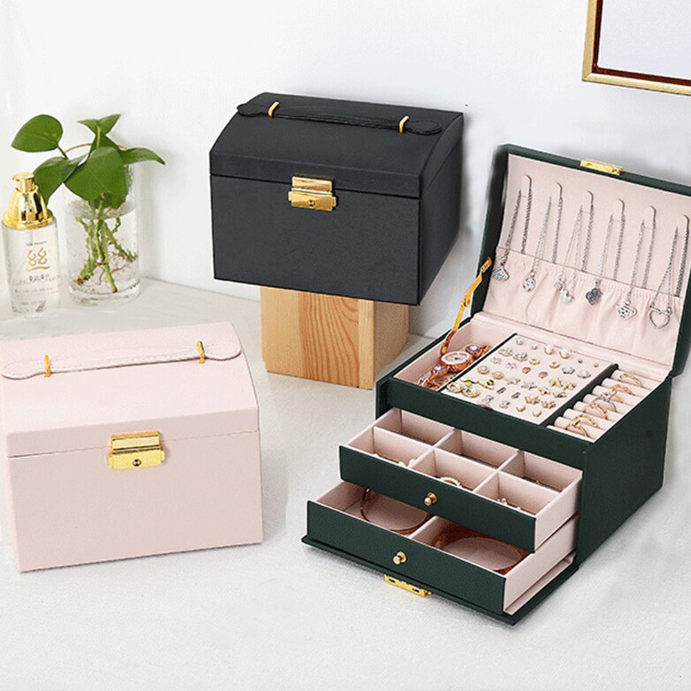 BowLift | Large Jewelry Earing and Necklace Box Storage Holder Organizer for Women and Guys Case Stand with Drawers and Lock