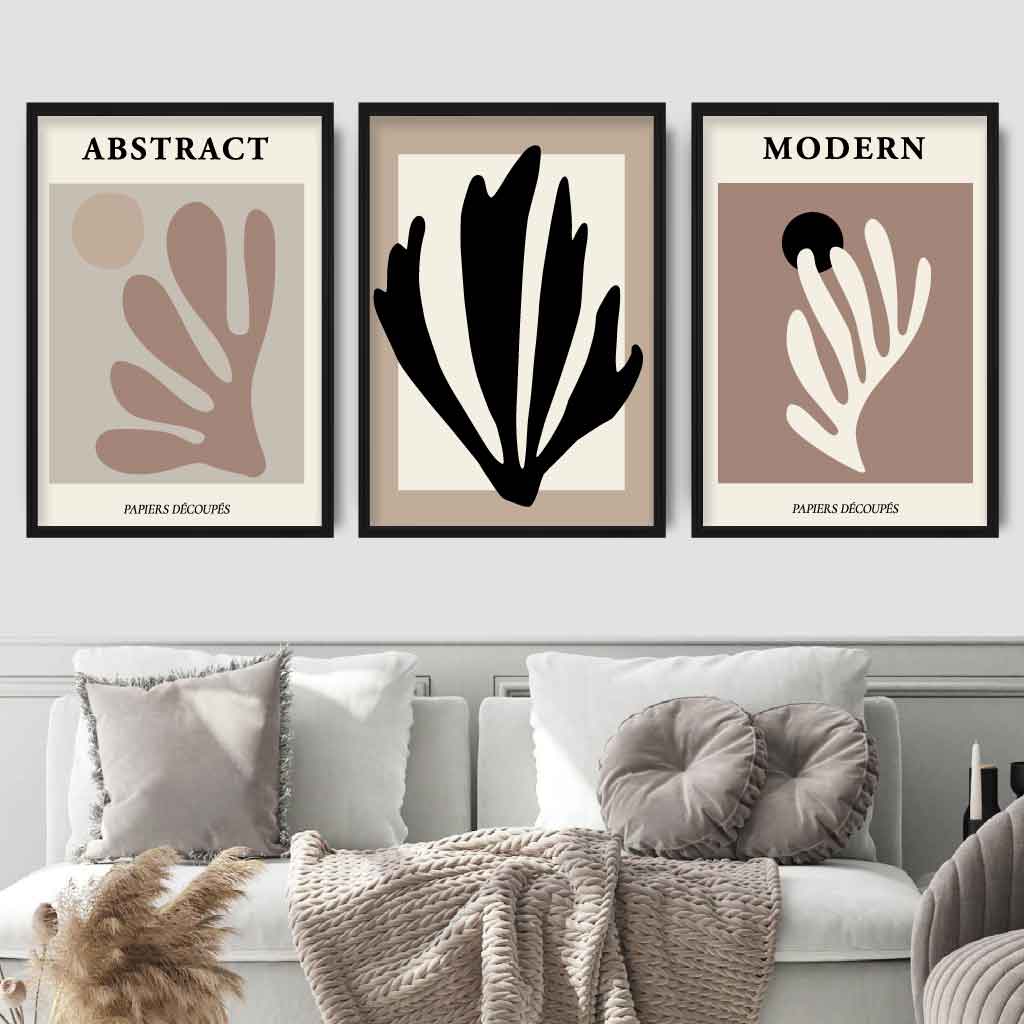 Abstract Modern Matisse Style Black, Beige Set of 3 Wall Art Prints | Bowlift