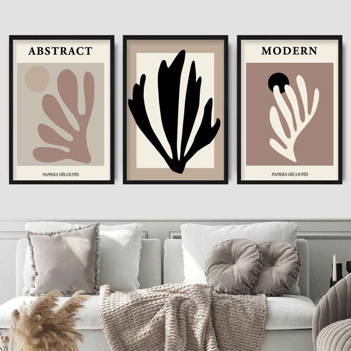 Abstract Modern Matisse Style Black, Beige Set of 3 Wall Art Prints | Bowlift