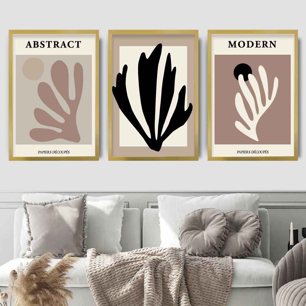 Abstract Modern Matisse Style Black, Beige Set of 3 Wall Art Prints | Bowlift