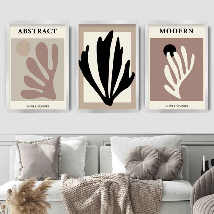 Abstract Modern Matisse Style Black, Beige Set of 3 Wall Art Prints | Bowlift