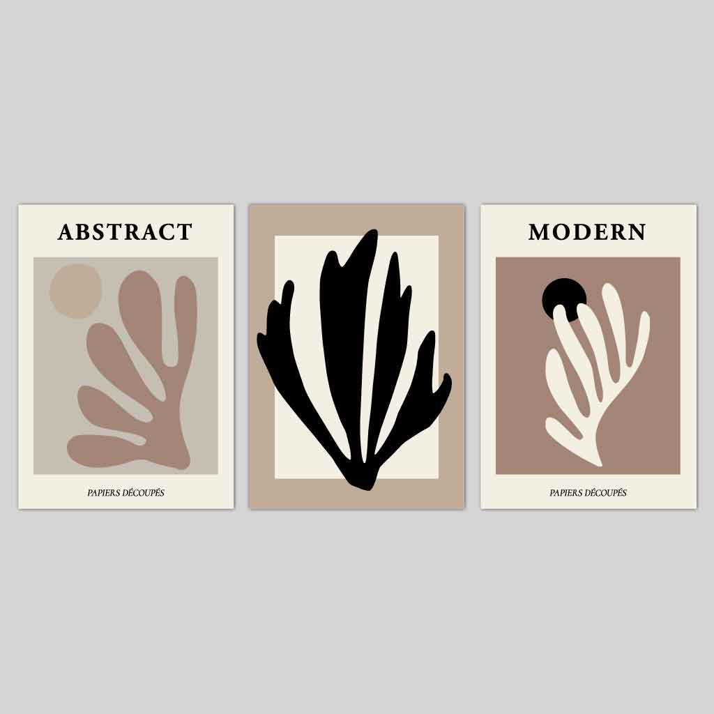 Abstract Modern Matisse Style Black, Beige Set of 3 Wall Art Prints | Bowlift