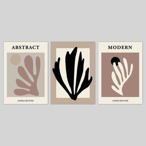 Abstract Modern Matisse Style Black, Beige Set of 3 Wall Art Prints | Bowlift