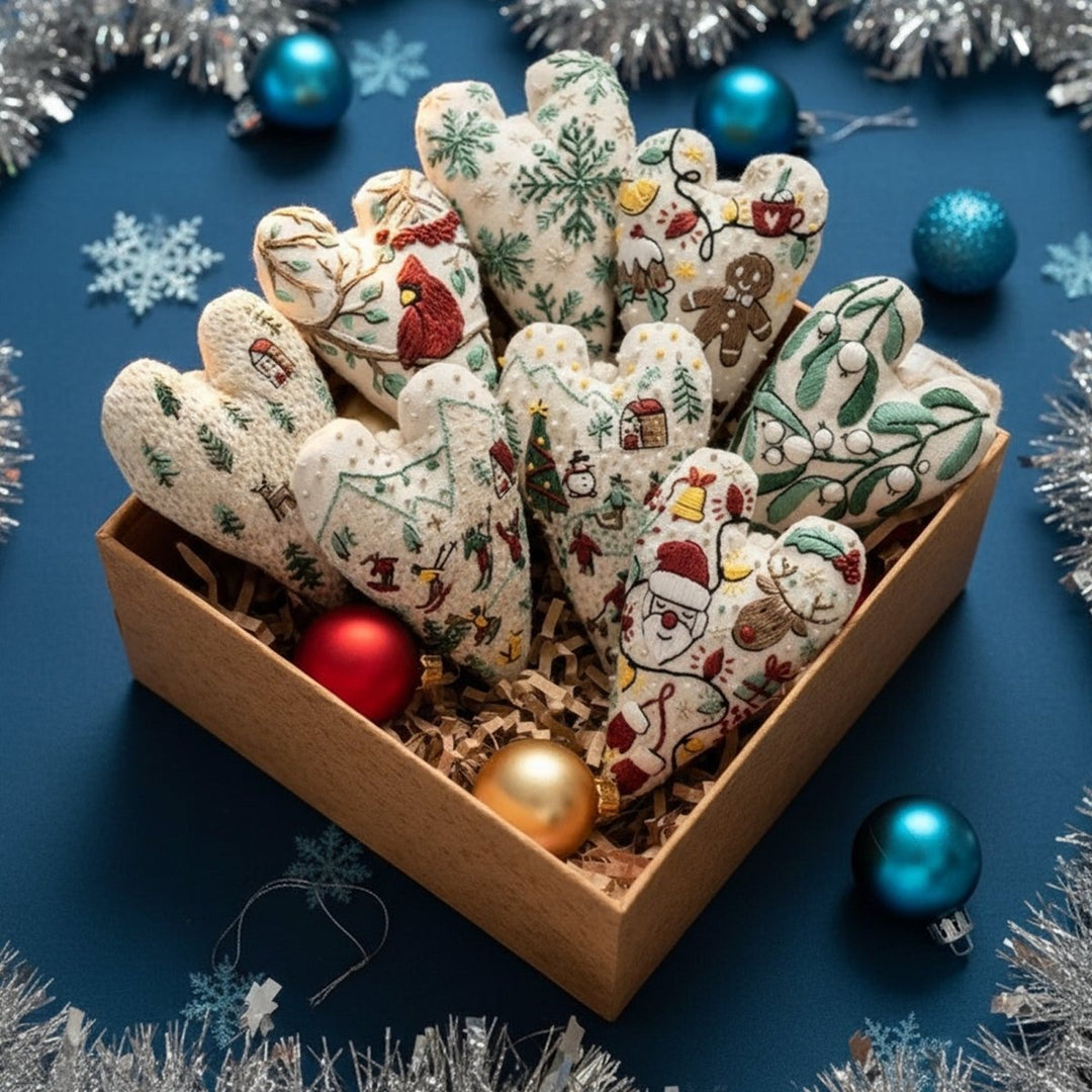 BowLift | DIY embroidery set for heart-shaped Christmas decorations with fabric, thread, and needles