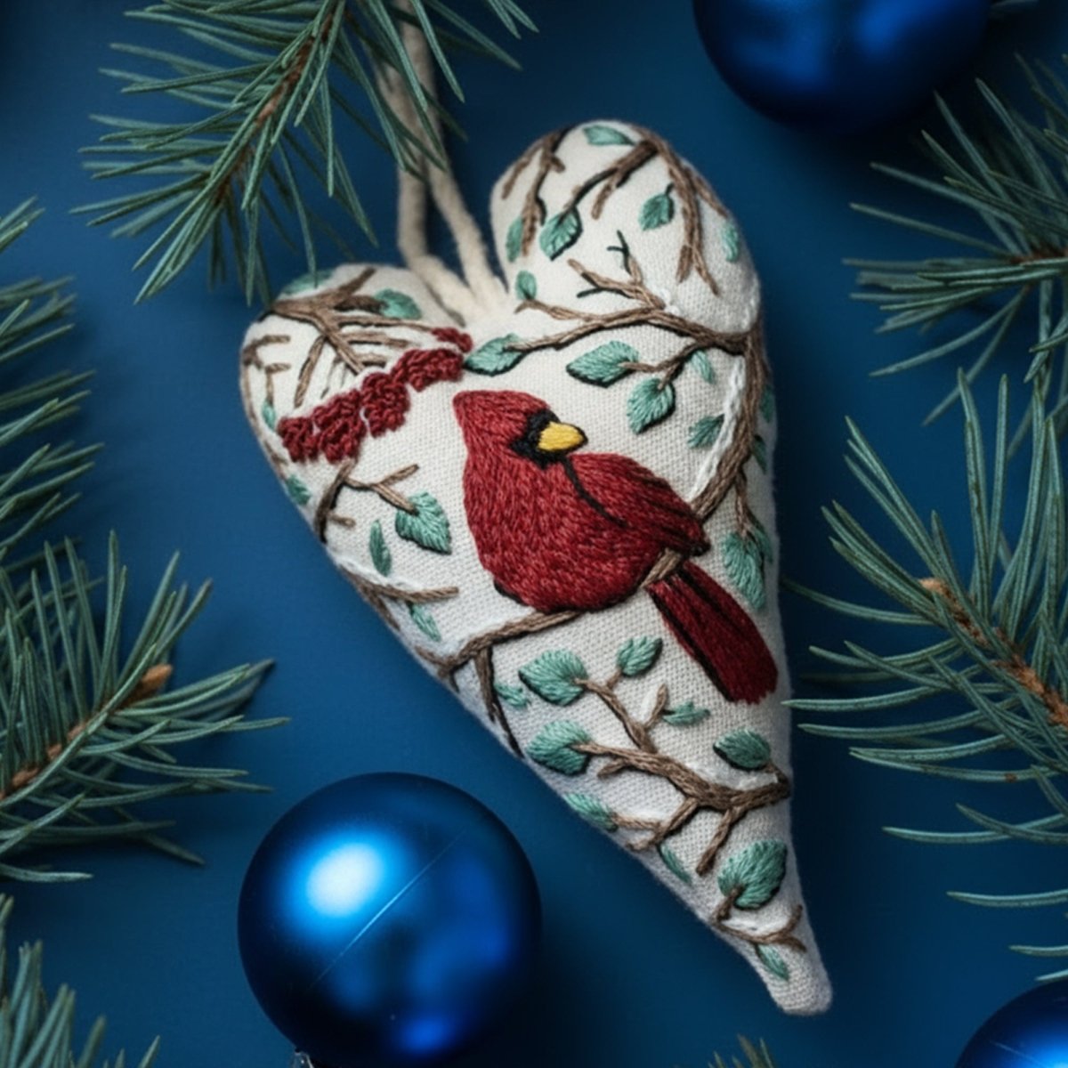 BowLift | DIY embroidery set for heart-shaped Christmas decorations with fabric, thread, and needles