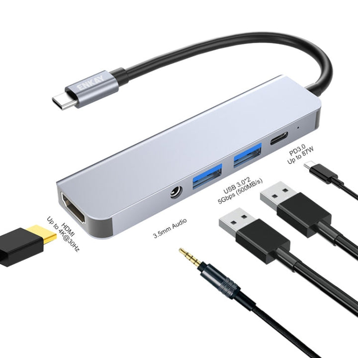 BowLift | ENKAY Hat-Prince 5 in 1 Type-C Hub 4K HDMI Converter Docking Station 3.5mm Audio Jack Adapter