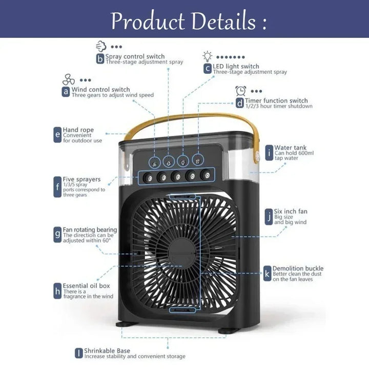 3 In 1 Fan AIr Conditioner Household Small Air Cooler LED Night Light Portable Humidifier Air Adjustment Fan Office Home Fan New | Bowlift