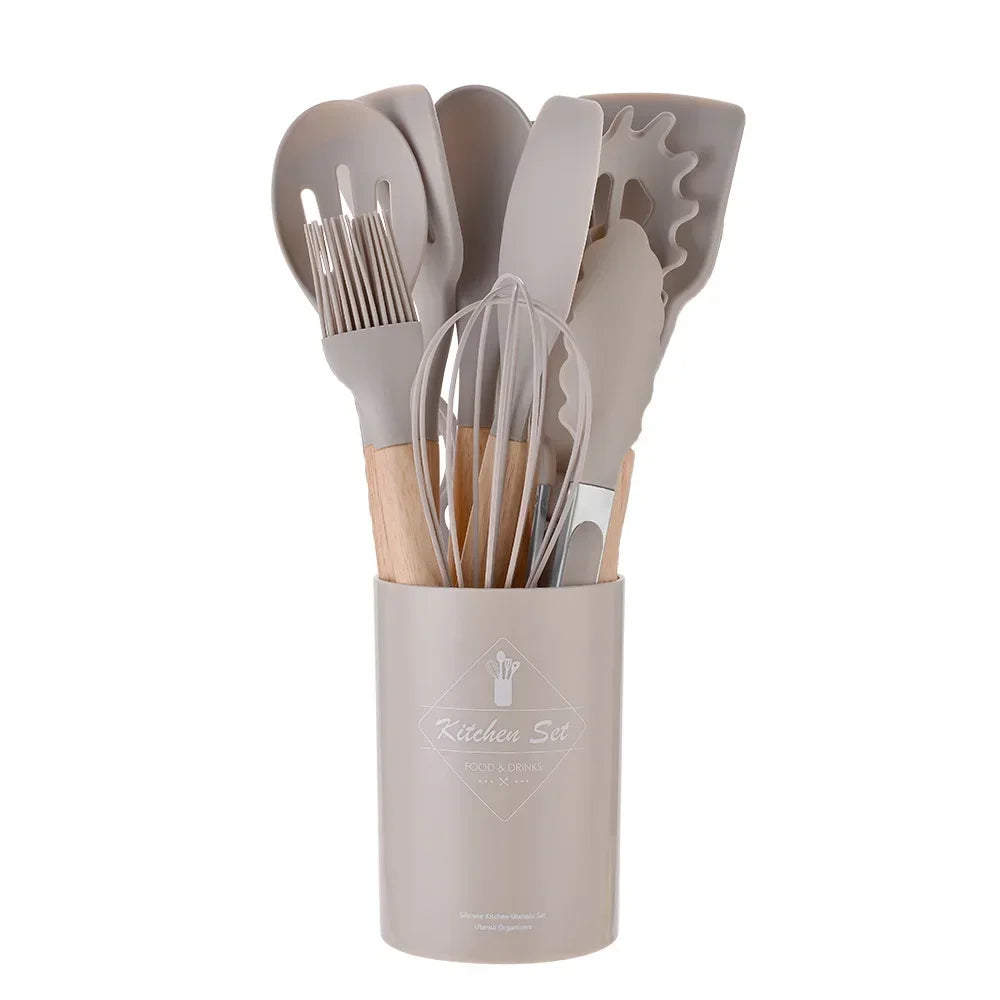 12-piece silicone cooking utensils set with wooden handles | Bowlift