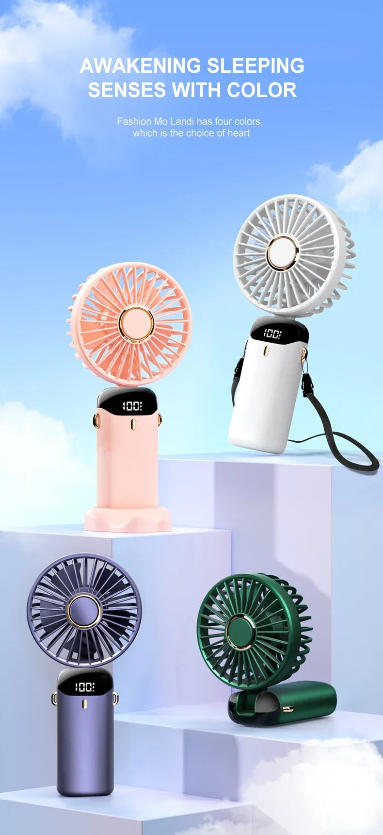 5000mAh Handheld Mini Fan – Wireless USB Rechargeable Portable Fan with Digital Display, Phone Holder, 5-Speed Foldable Neck Hanging Fan | Bowlift