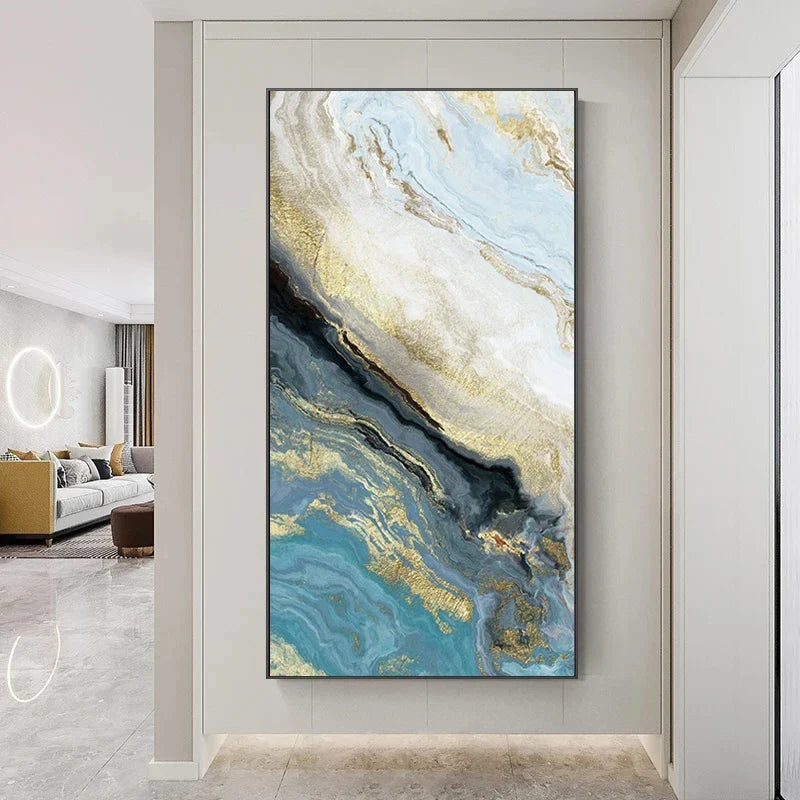 Blue Golden Liquid Marble Essence Wall Art Fine Art Canvas Prints Pictures For Modern Apartment Luxury Living Room Art Decor | Bowlift