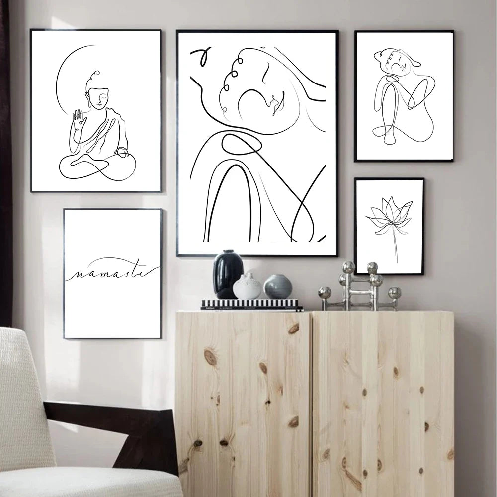 Minimalist Buddha Poster Lotus Wall Art Line Art Fine Art Canvas Prints Inspirational Meditation Pictures For Living Room Salon Spa Wall Decor | Bowlift