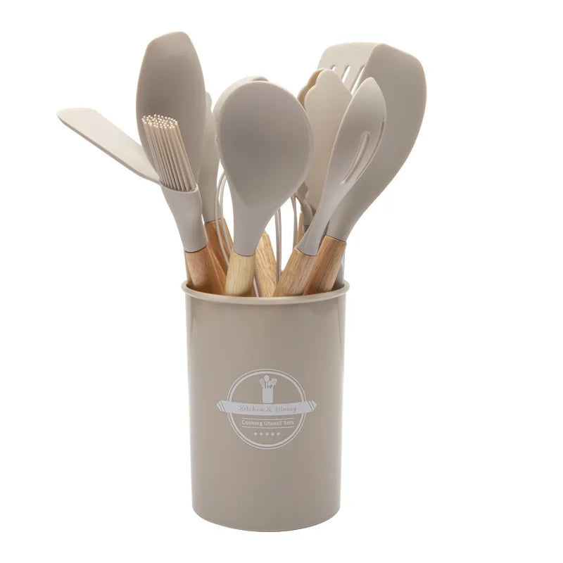 BowLift | Culinora Silicone Kitchen Utensils Set | Heat Resistant up to 230 °C | 12-piece with Wooden Handles | Whisk, Spatula, Tongs & more