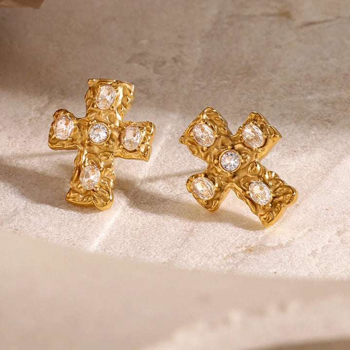 BowLift | 18k Textured Oval Diamond Cross Earrings