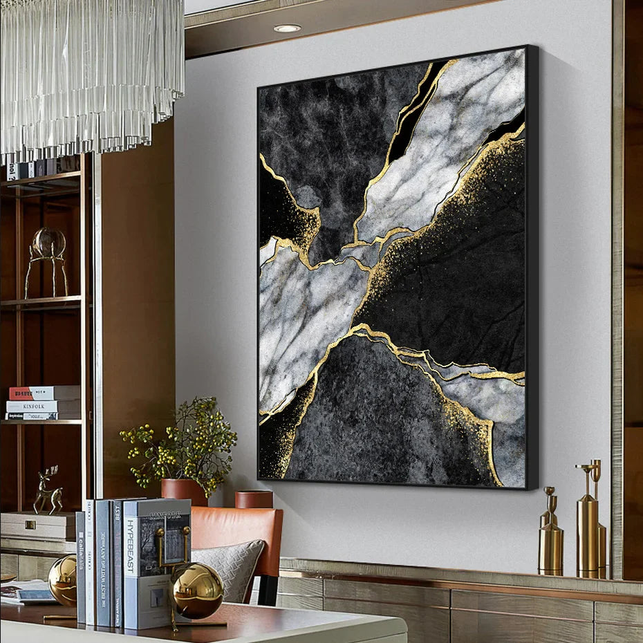 Modern Abstract Black Gray Golden Geode Marble Print Wall Art Fine Art Canvas Prints Pictures For Luxury Apartment Living Room Home Office Decor | Bowlift
