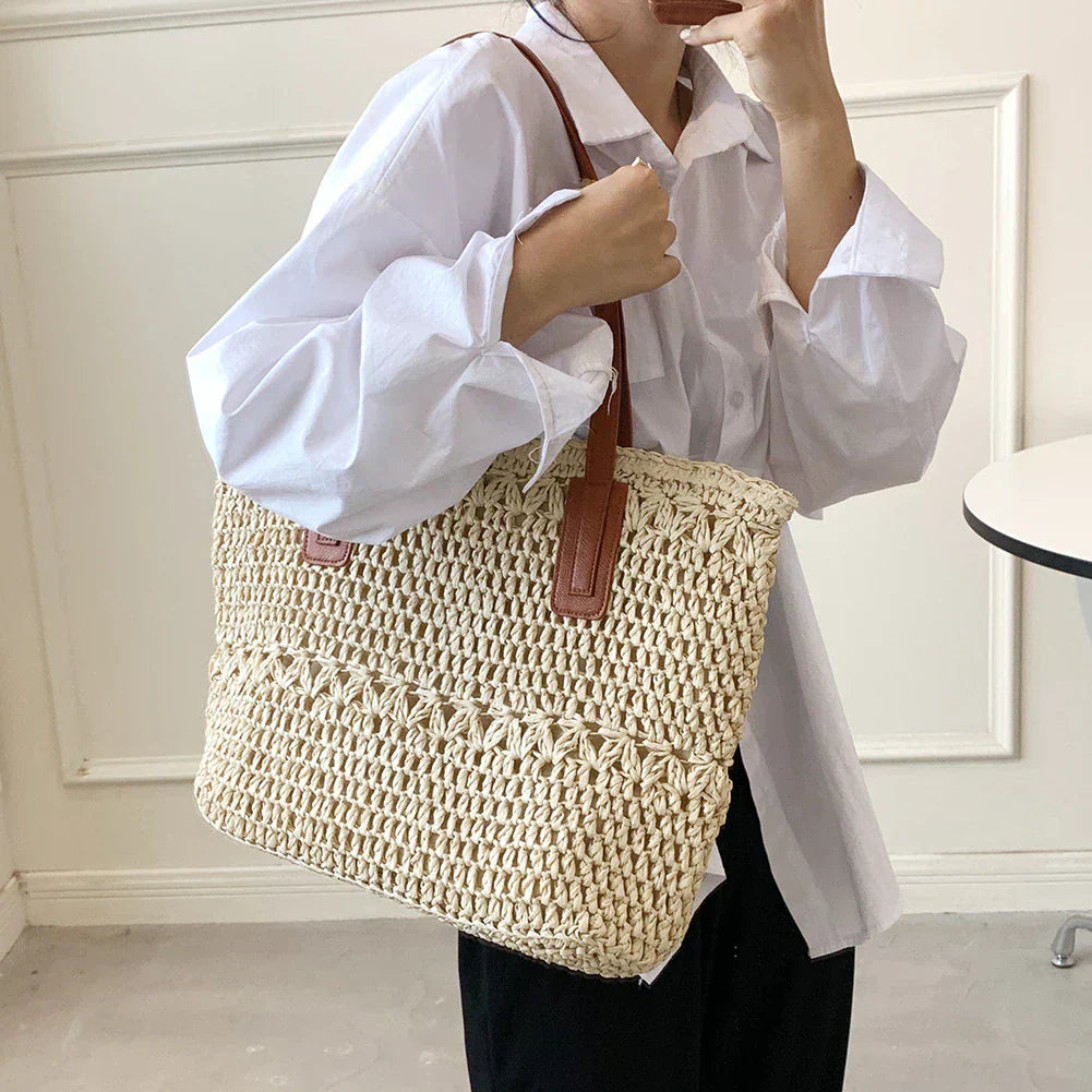 BowLift | Genevieve | Chic Straw Tote Bag with Genuine Leather Straps – Elegant Summer Handbag