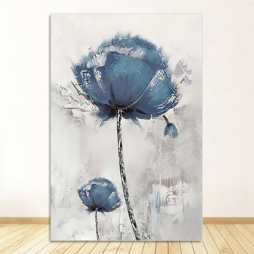 Simple Blue Floral Wall Art Fine Art Canvas Prints Modern Abstract Botanical Pictures For Living Room Bedroom Contemporary Home Decor | Bowlift