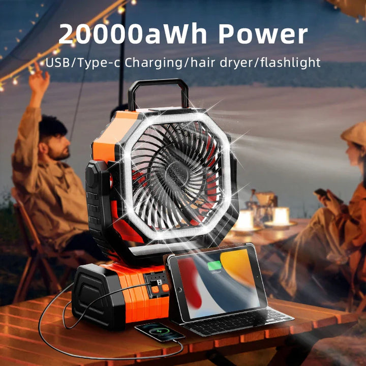 20000mAh Portable Rechargeable Fan — Battery-Operated Desk & Camping Fan with LED Light & Hook for Tent, Car, and Outdoor Trips | Bowlift