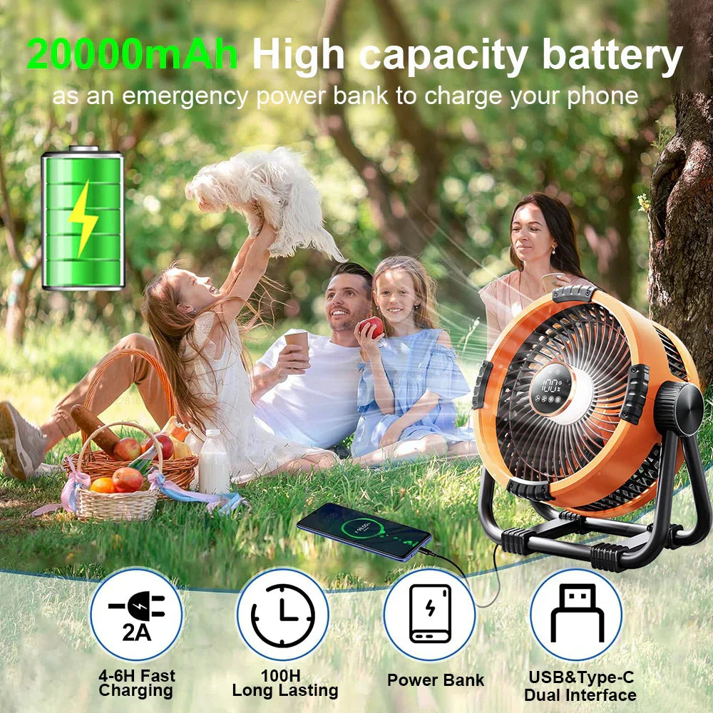 Camping Fan with 20,000mAh Battery, LED Light & Remote Control – WindMate | Bowlift