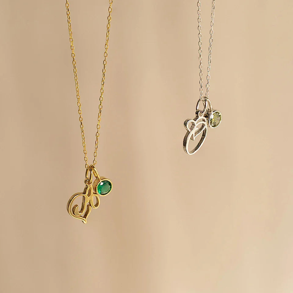 BowLift | Dainty Cursive Heart Birthstone Letter Initial Necklace