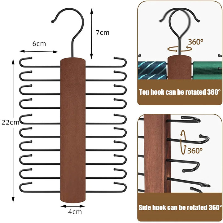 BowLift | OrganizePro Holzico | Tie & Belt Holder | 20 Rotatable Hooks | For the Style-Conscious