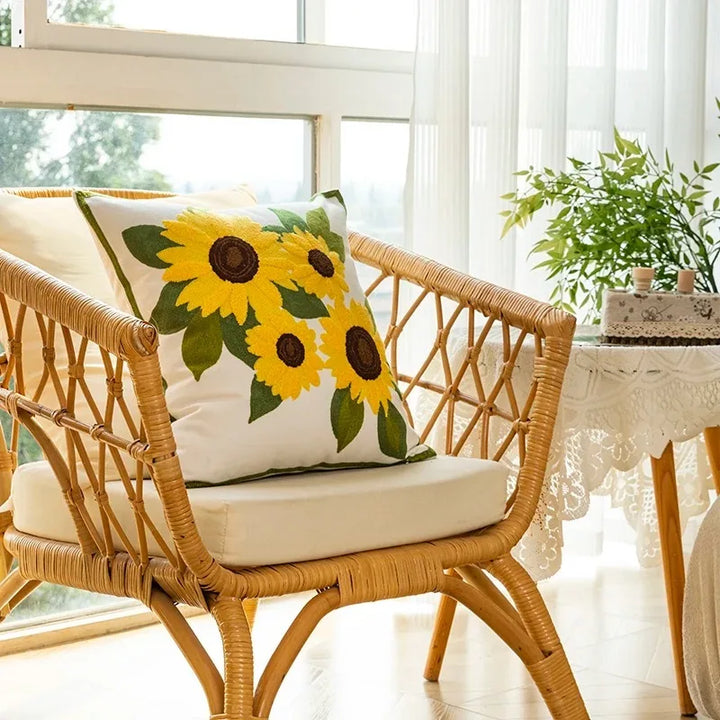 BowLift | Cotton Embroidered Decorative Pillow 45x45 cm with Sunflower Pattern