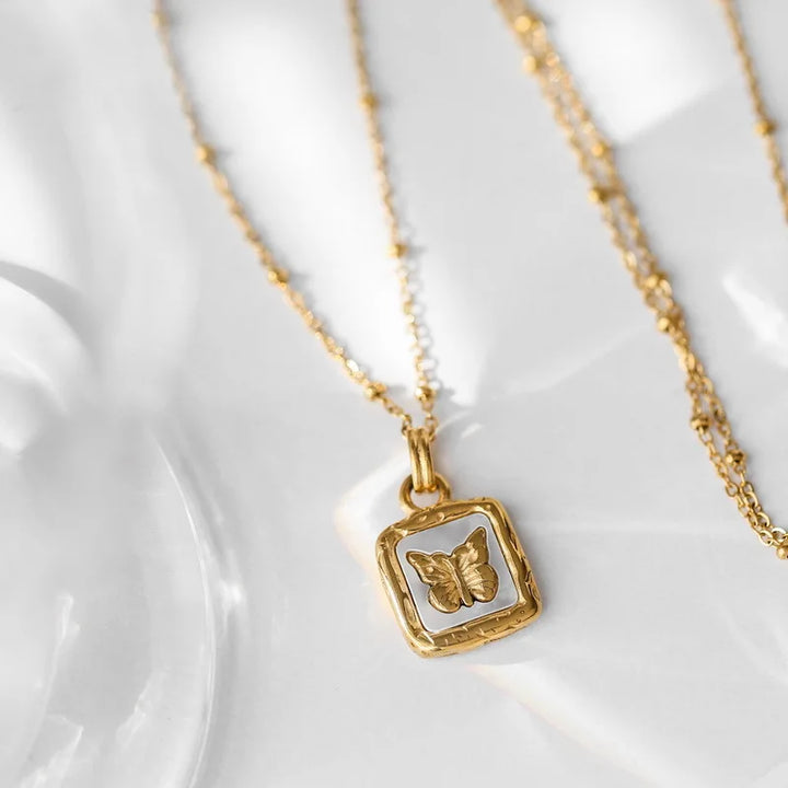 BowLift | Feminine Gold Accented Butterfly Square Pendant Necklace