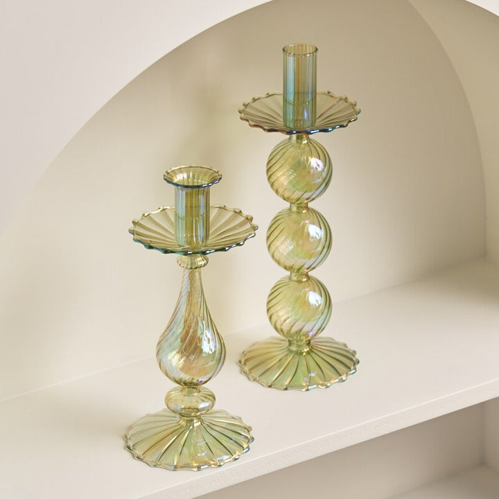 Ribbed Glass Candle Holders - Green | Bowlift