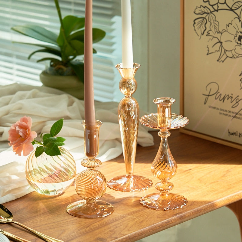 Ribbed Glass Candle Holders - Amber | Bowlift