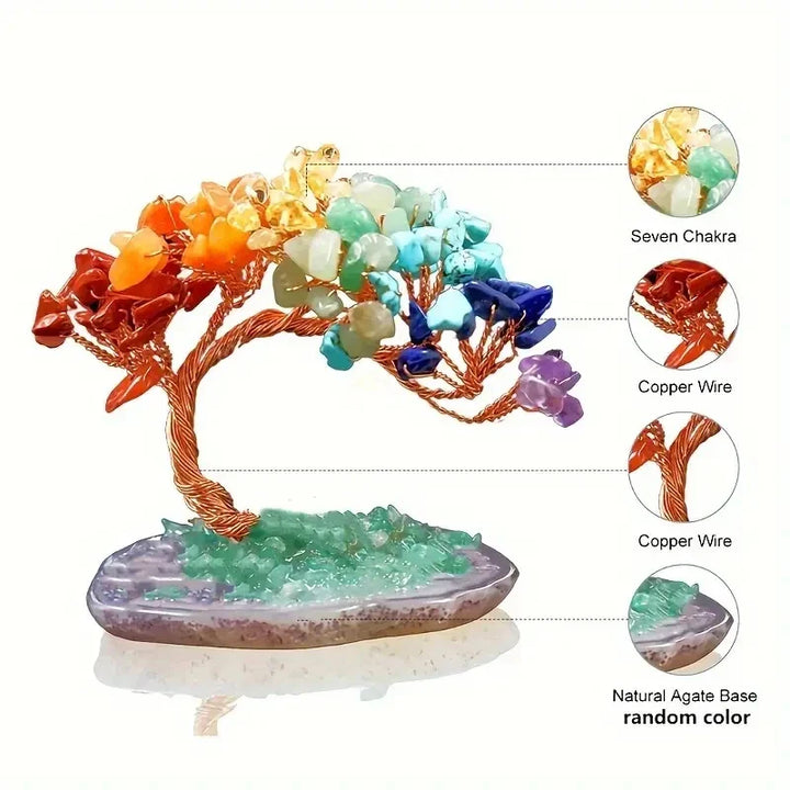 BowLift | Crystal Tree AuroraTree | Natural Gemstones | Agate Base & Copper Wire | Feng Shui Lucky Tree 10 cm