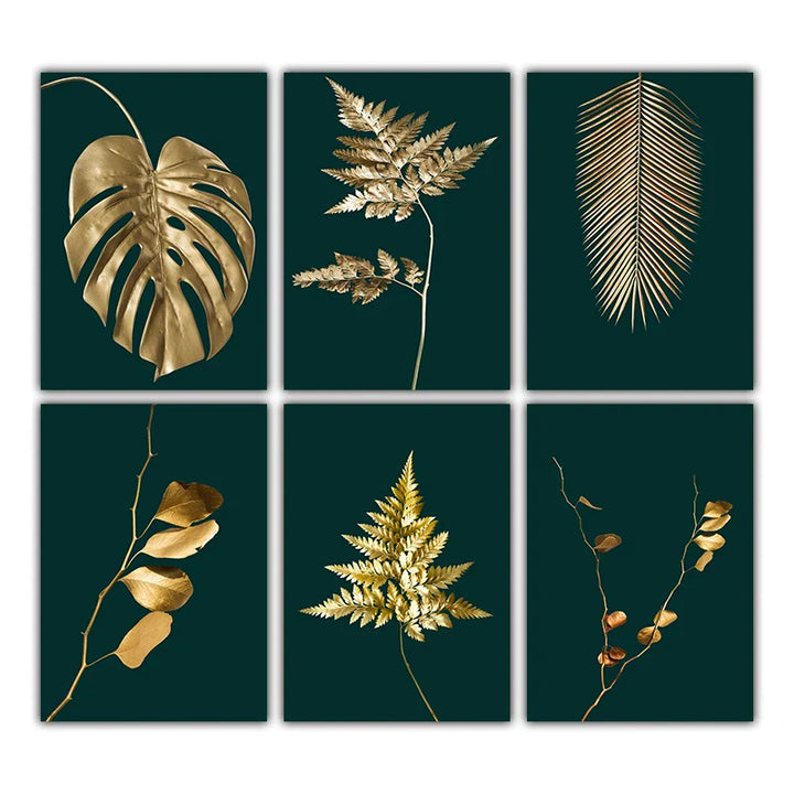 Abstract Tropical Botany Golden Leaves Wall Art Fine Art Canvas Prints Pictures For Living Room Dining Room Light Luxury Home Decor | Bowlift