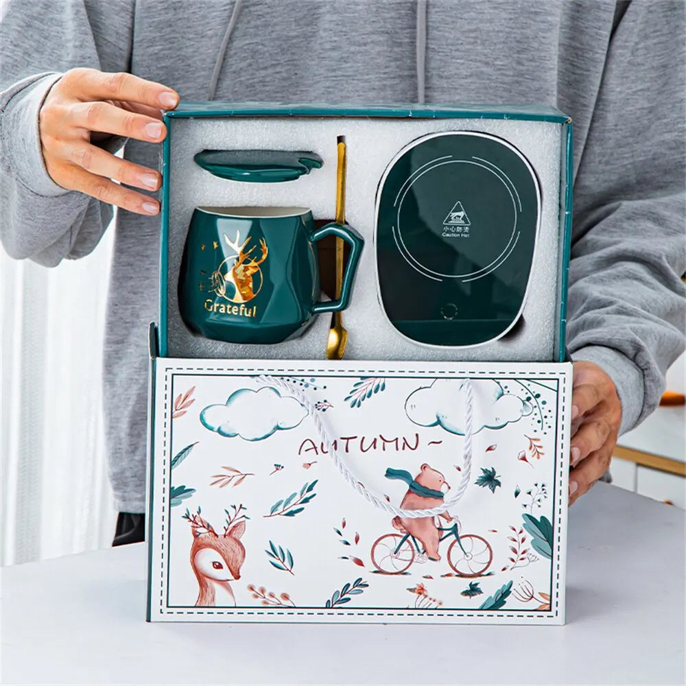 BowLift | Smart Ceramic Mug Heater Cup Coaster Warmer Thermostat Coffee Heating Electric Mug Set Milk Tea Heating Water Home Office Gift