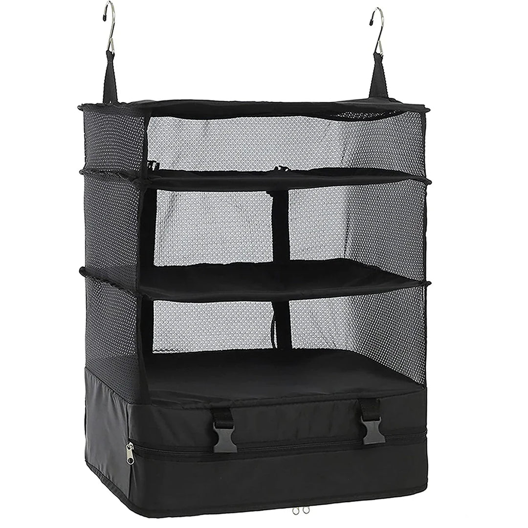 BowLift | Packelier Suitcase Organizer | Hanging Shelf for Travel | 3 Compartments | Foldable & Water-Resistant | Black