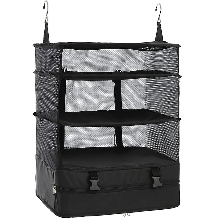 BowLift | Packelier Suitcase Organizer | Hanging Shelf for Travel | 3 Compartments | Foldable & Water-Resistant | Black