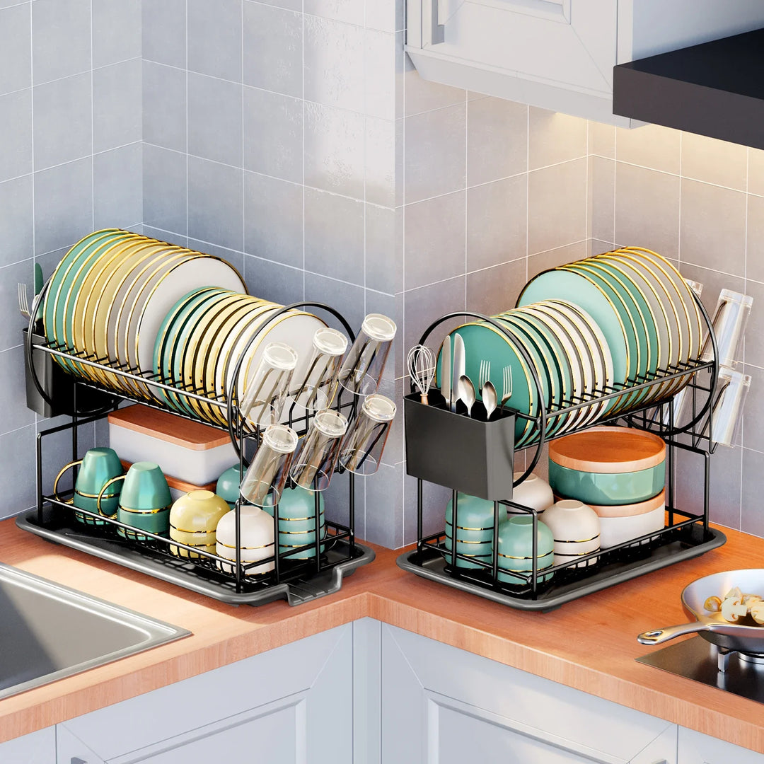 BowLift | 2-Tier Dish Drying Rack with Drainboard & Cutlery Holder – Aria