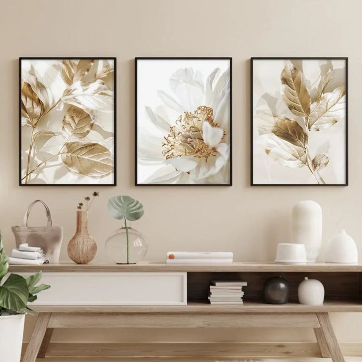 Modern White & Golden Floral Wall Art Fine Art Canvas Prints Pictures For Living Room Dining Room Bedroom Art Decor (Set of 3Pcs) | Bowlift