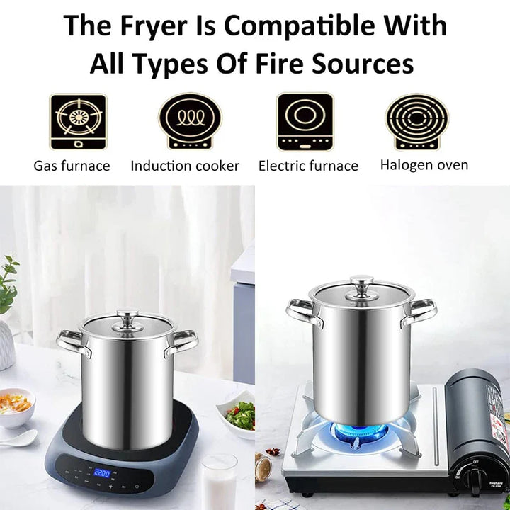 BowLift | Crisplora FryMaster Stainless Steel Frying Pot 3 L with Strainer & Lid | Tempura Fryer with Tongs