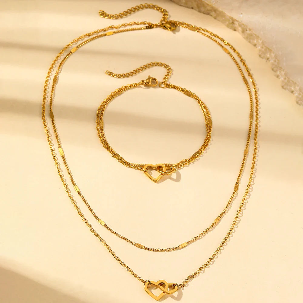 BowLift | Dainty Curb & Chain Link Dual Heart Necklace and Bracelet Set