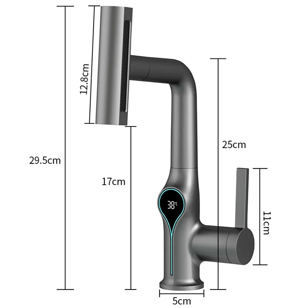 BowLift | Washbasin faucet with waterfall jet digital temperature display and adjustable spray head