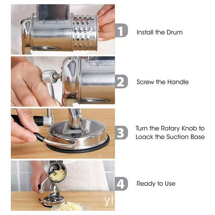 BowLift | Rotary Vegetable Grater with 5 Stainless Steel Blades, Suction Cup Base, Dishwasher Safe
