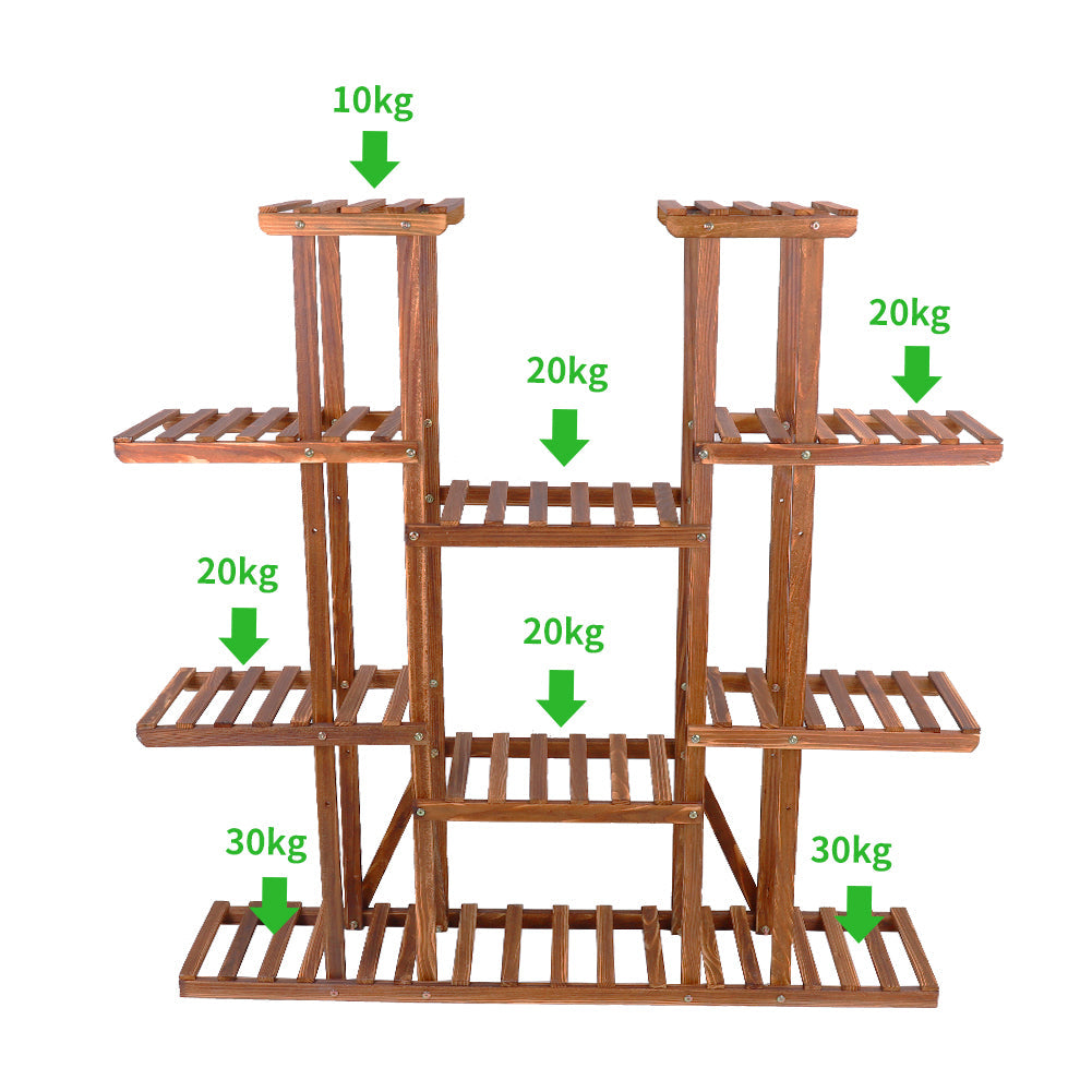 Large 11-tier Wooden Plant Shelf | Carbonized, Wide Flower Stand for Indoor & Outdoor | Bowlift